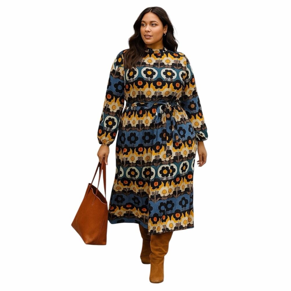 Eloquii Midi Dress Long Sleeve Fit Flare Retro Blue Orange Multi Women’s Size 16